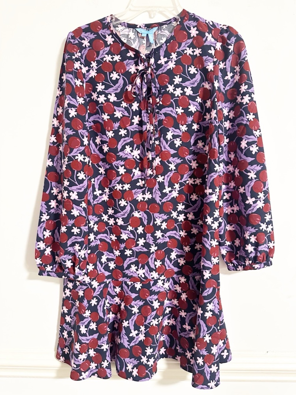 Draper James Navy Floral Long Sleeve Tie Neck Shift Dress XS